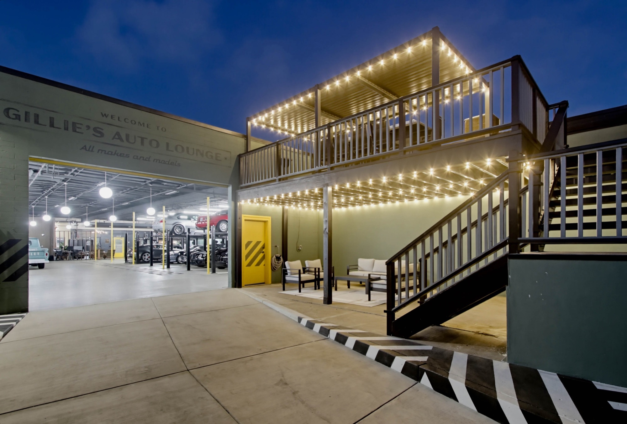 Gillie's Auto Lounge at night — the mezzanine and the storage floor