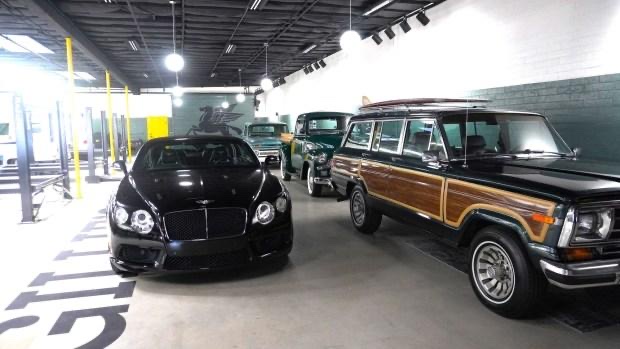 Classic and exotic vehicles in storage at Gillie's Auto Lounge